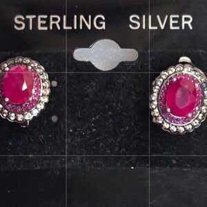 14k White Gold over Silver Red Ruby & White Sapphire Gemstone Earrings!